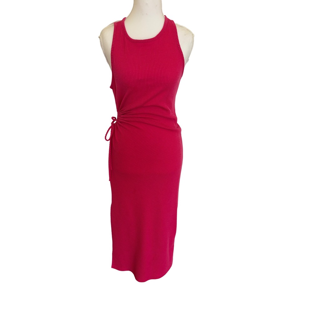 Caution‎ to the Wind Magenta Pink Ribbed Side Tie Cutout Midi Bodycon Dress